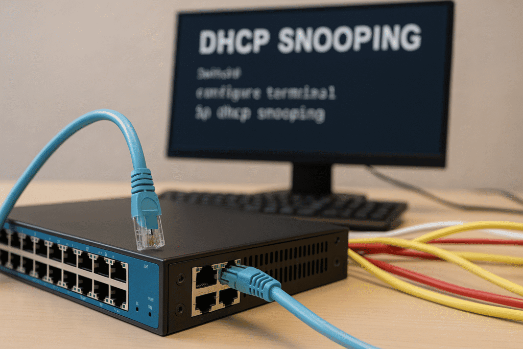 Switch Ethernet com cabos conectados e tela exibindo configuração de DHCP Snooping