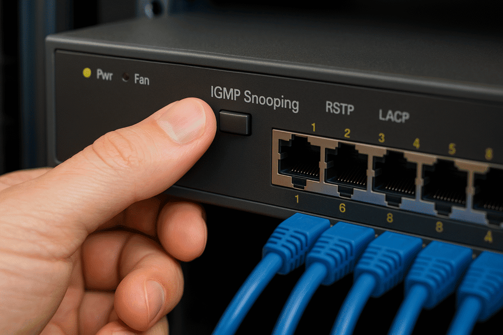 Mão ativando função IGMP Snooping em switch gerenciável