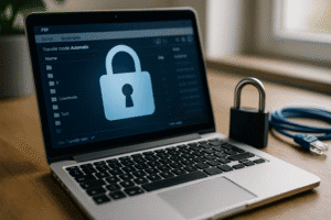 Interface de FTP com cadeado azul exibido em tela de notebook, simbolizando segurança em transferências TFTP/FTP.