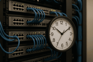 Relógio analógico em frente a switches de rede com cabos Ethernet conectados