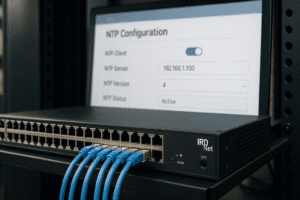 Switch IRD.Net com interface NTP exibida em monitor de configuração