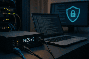 Equipamento NTP com logs e monitor de segurança em data center