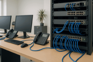 Ambiente de escritório com switches de rede e telefones IP conectados