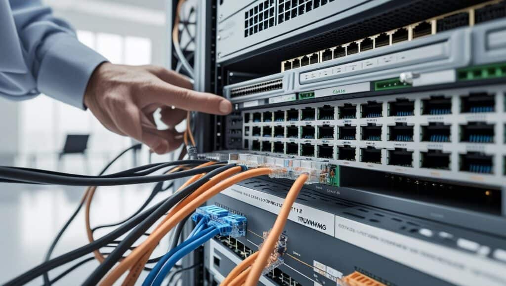 Técnico configurando trunk de portas em switch gerenciável com múltiplos cabos conectados, representando agregação de links em ambiente corporativo.