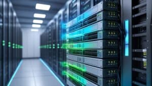 Racks de switches empilháveis com conexões de rede ativas e efeitos de luz indicando empilhamento físico e virtual em um data center corporativo moderno.