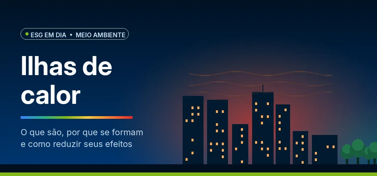 Ilustração de ilha de calor urbana: cidade sob brilho térmico avermelhado contrastando com área verde mais fria