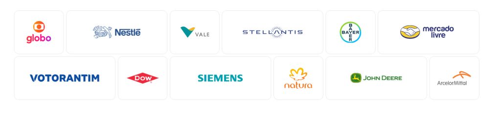 Uma imagem horizontal com fundo branco exibe os logotipos de doze grandes empresas multinacionais e nacionais que atuam no Brasil. Os logotipos estão organizados em duas fileiras dentro de retângulos brancos individuais com bordas cinzas arredondadas, dispostos lado a lado de forma desalinhada, como tijolos em uma parede.

Abaixo está a descrição dos logotipos presentes em cada fileira, da esquerda para a direita:

Fileira Superior
Globo: O nome "globo" escrito em letras minúsculas roxas, abaixo do ícone clássico da emissora (uma esfera laranja contendo um retângulo com cantos arredondados, que por sua vez contém outra esfera menor).

Nestlé: O desenho azul de um ninho com pássaros ao lado do nome "Nestlé" em uma tipografia azul estilizada.

Vale: O ícone composto por duas formas geométricas abstratas nas cores verde e amarelo, formando uma espécie de "V", seguido pela palavra "VALE" em cinza.

Stellantis: O nome "STELLANTIS" escrito em letras maiúsculas azuis e finas, com uma constelação circular estilizada de pontos substituindo a letra "A".

Bayer: O clássico emblema circular azul e verde com o nome "BAYER" cruzado horizontal e verticalmente em letras maiúsculas brancas.

Mercado Livre: O desenho de duas mãos se cumprimentando dentro de uma elipse amarela com contorno azul, acompanhado do nome "mercado livre" em letras minúsculas azuis à direita.

Fileira Inferior
Votorantim: O nome "VOTORANTIM" escrito em letras maiúsculas, robustas e na cor azul-escura.

Dow: O nome "Dow" em branco, inserido dentro de um losango vermelho horizontal.

Siemens: O nome "SIEMENS" escrito em letras maiúsculas grossas na cor azul-turquesa.

Natura: O desenho abstrato de uma flor alaranjada acima do nome "natura" escrito em letras minúsculas na mesma cor.

John Deere: O ícone circular verde contendo a silhueta amarela de um cervo saltando, seguido pelo nome "JOHN DEERE" em letras maiúsculas verdes.

ArcelorMittal: Duas linhas curvas alaranjadas entrelaçadas acima do nome "ArcelorMittal" escrito em cinza.