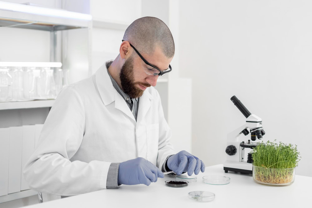 Homem em laboratório fazendo experimentos com brotos
