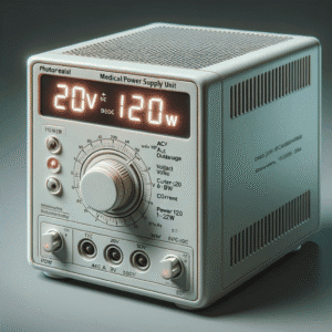 Fotografia de uma fonte de alimentação médica com display digital, mostrando 20V e 120W, destacando produtos de alta confiabilidade em energias para o setor de saúde, compatível com os padrões de qualidade Mean Well Brasil.