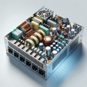 Componentes internos de fontes de energia Mean Well, tecnologia avançada, confiabilidade e performance no fornecimento de energia elétrica industrial e comercial.