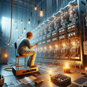 Configuração de impressor industrial alimentado por fonte de energia Mean Well, com isolamento elétrico e alta eficiência, ideal para instalações de energia de alta potência.