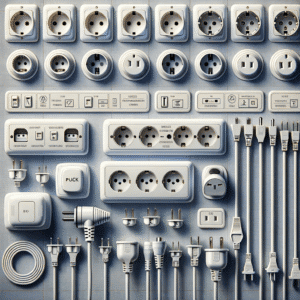 Conjunto de plugs, tomadas e cabos elétricos de diferentes tipos e tamanhos, destacando a diversidade de soluções de energia relevantes para produtos e serviços da Mean Well Brasil.