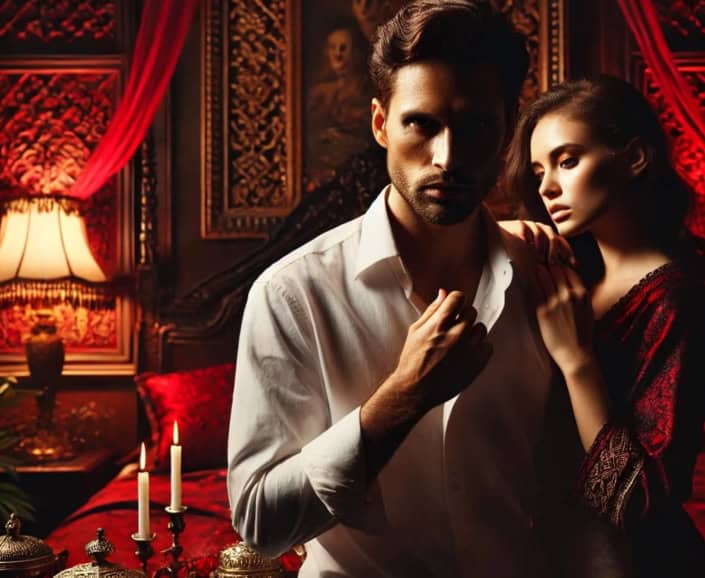 o que é dark romance homem branco vestido de social abraçado pelo ombro por um mulher ruiva, ambos em um ambiente escuro, representando o que é dark romance a partir de um exemplo de capa