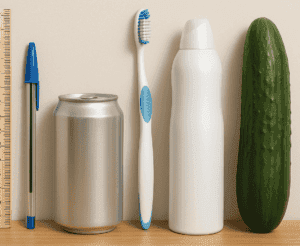 regua com objetos ao lado comparando para ter uma noção de tamanho de um vibrador grande