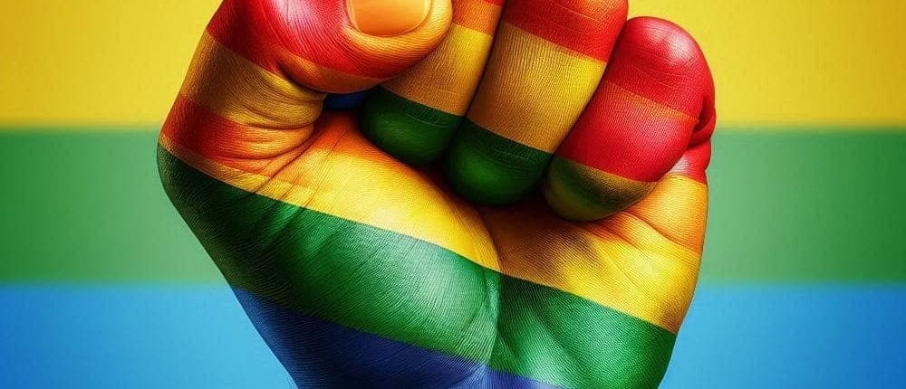 punho cerrado nas cores LGBTQIA+ representando o dia internacional contra a homofobia
