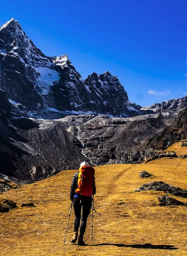 home Trekker walking through Himalayan meadows on Everest Base Camp trail between Dingboche and Lobuche, surrounded by majestic mountain views.