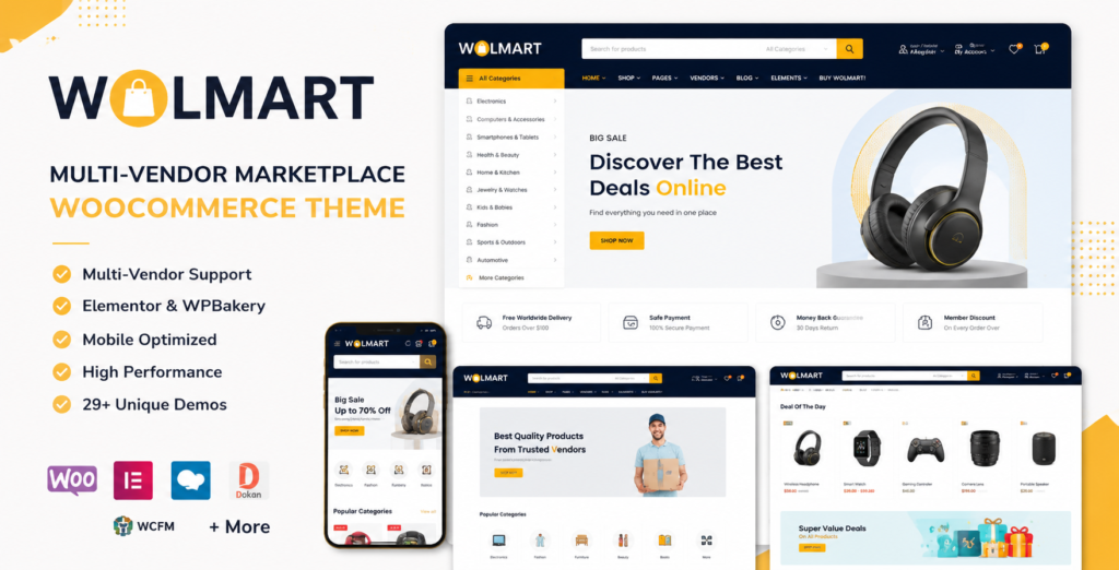 Wolmart WooCommerce marketplace theme with multi-vendor support and mobile optimization. Perfect for.