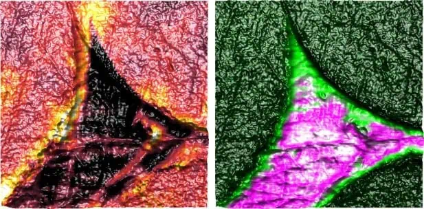 Nanothermal (SThM) and nanoelectrical images of carbon fibres in epoxy resin.