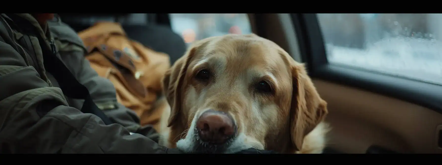 a guide dog sitting patiently at the feet of its owner in a taxi, eyes fixed on the horizon with unwavering loyalty.