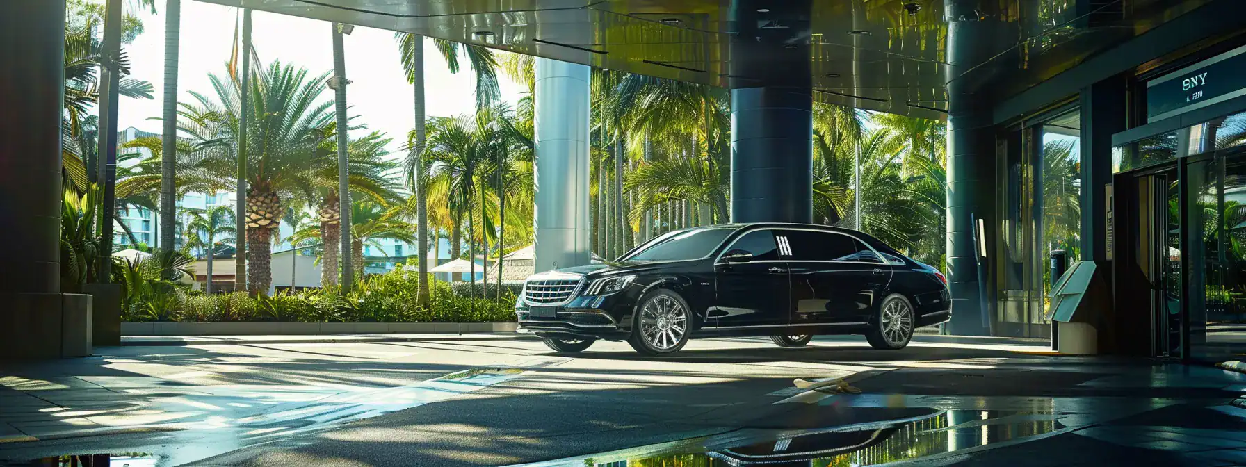 a luxury black limousine waiting at the airport entrance, ready to provide exclusive chauffeur service to airlie beach.