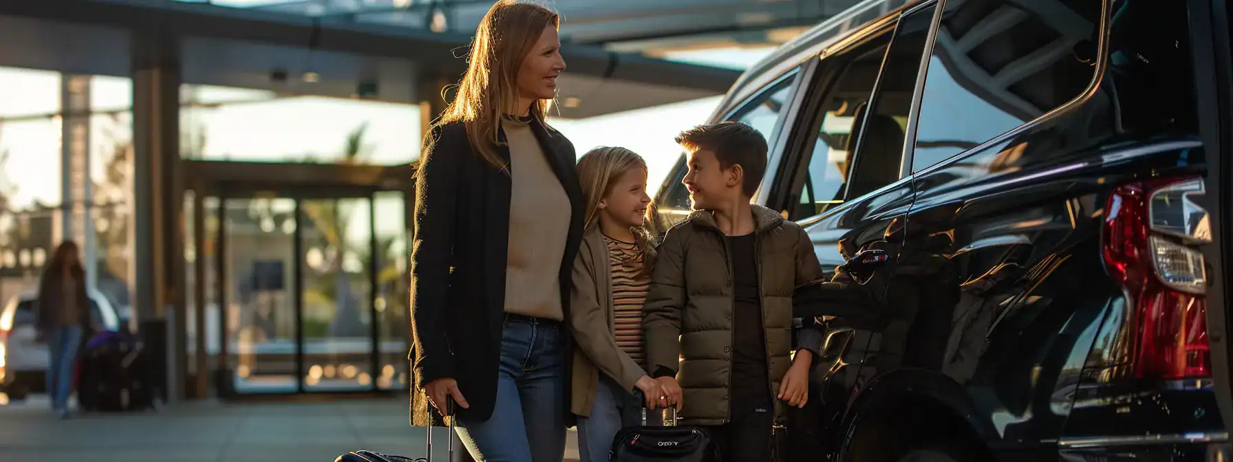 a family boarding a blue diamond chauffeur service at brisbane airport, eagerly setting off on their wildlife adventure to australia zoo.