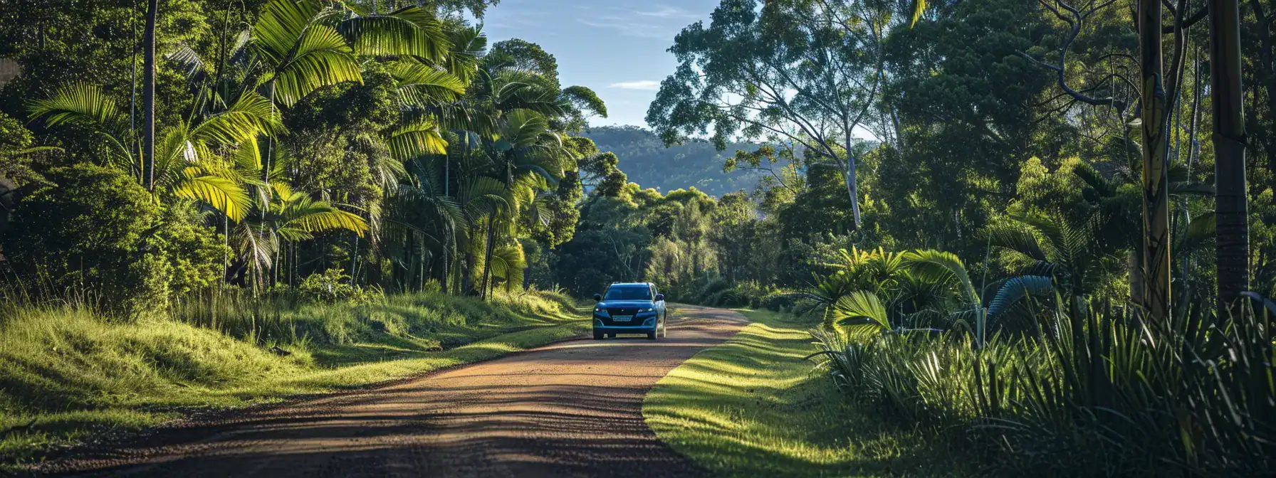 a luxurious blue diamond vehicle driving through the lush queensland landscape towards australia zoo, promising a comfortable and memorable journey for families.