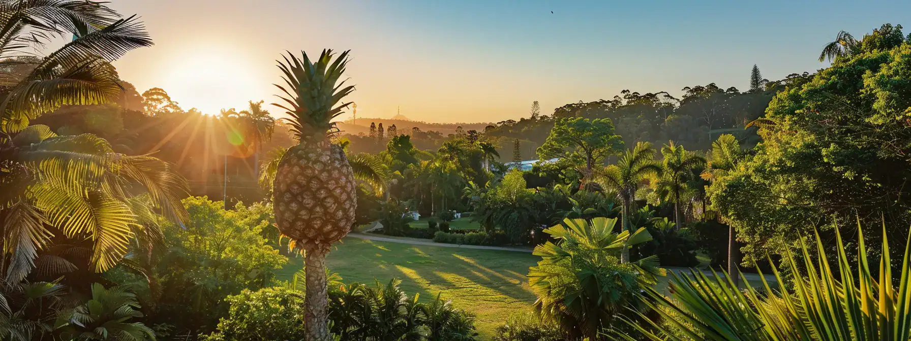 a scenic view of the iconic big pineapple in nambour, queensland, with lush parkland in the background, during a journey from brisbane city to australia zoo.