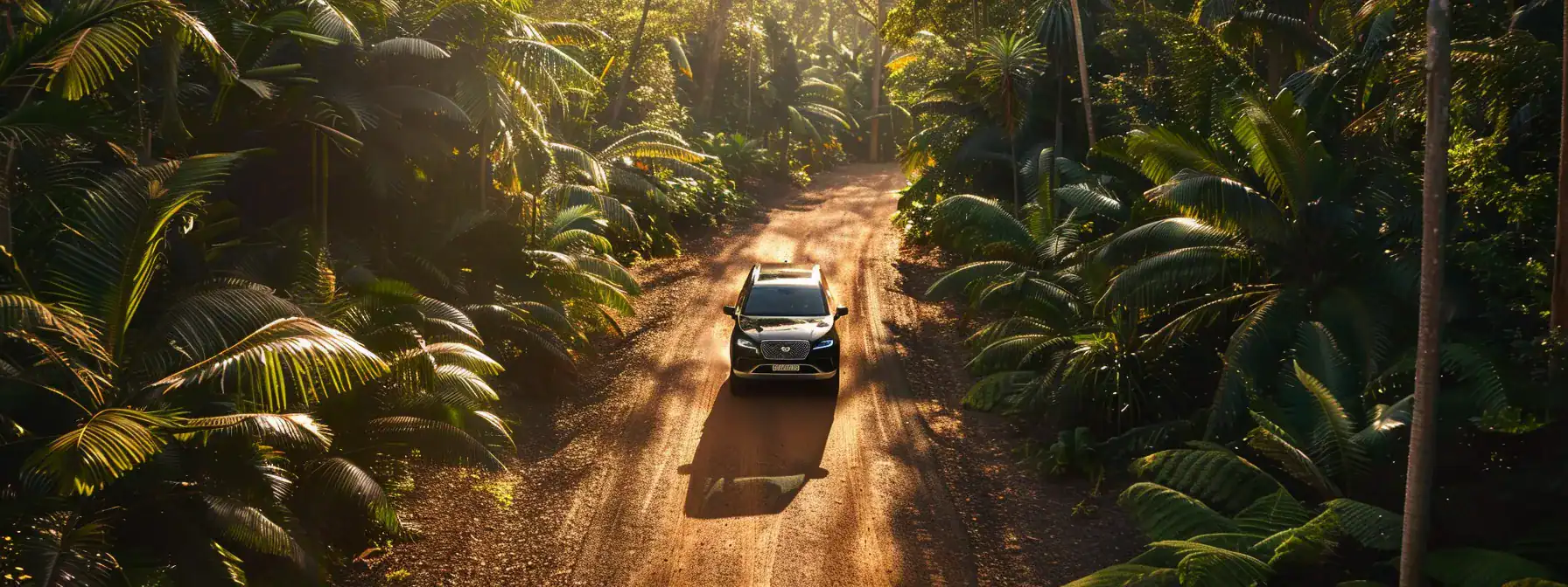 a sleek, luxury vehicle driving through the lush australian landscape on the way to the iconic australia zoo.