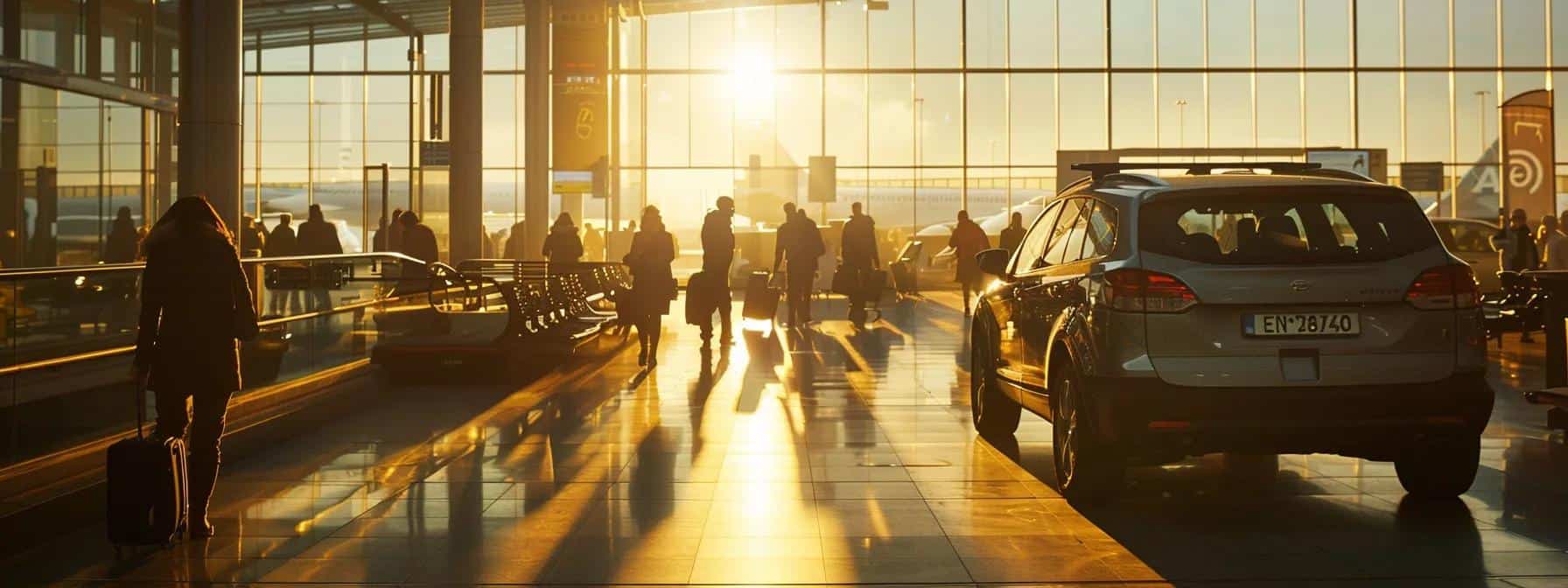 a bright, sunlit airport terminal bustling with travelers, where a cheerful driver awaits next to a pristine vehicle ready for a smooth sunshine coast transfer.