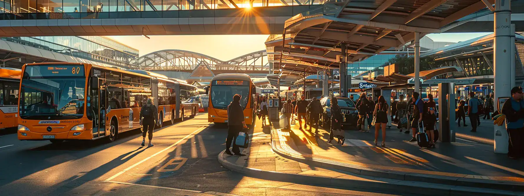 a bustling scene at sydney airport showcases travelers navigating between the modern domestic and international terminals, with vibrant shuttle buses and private transfer vehicles in motion under bright sunlight.