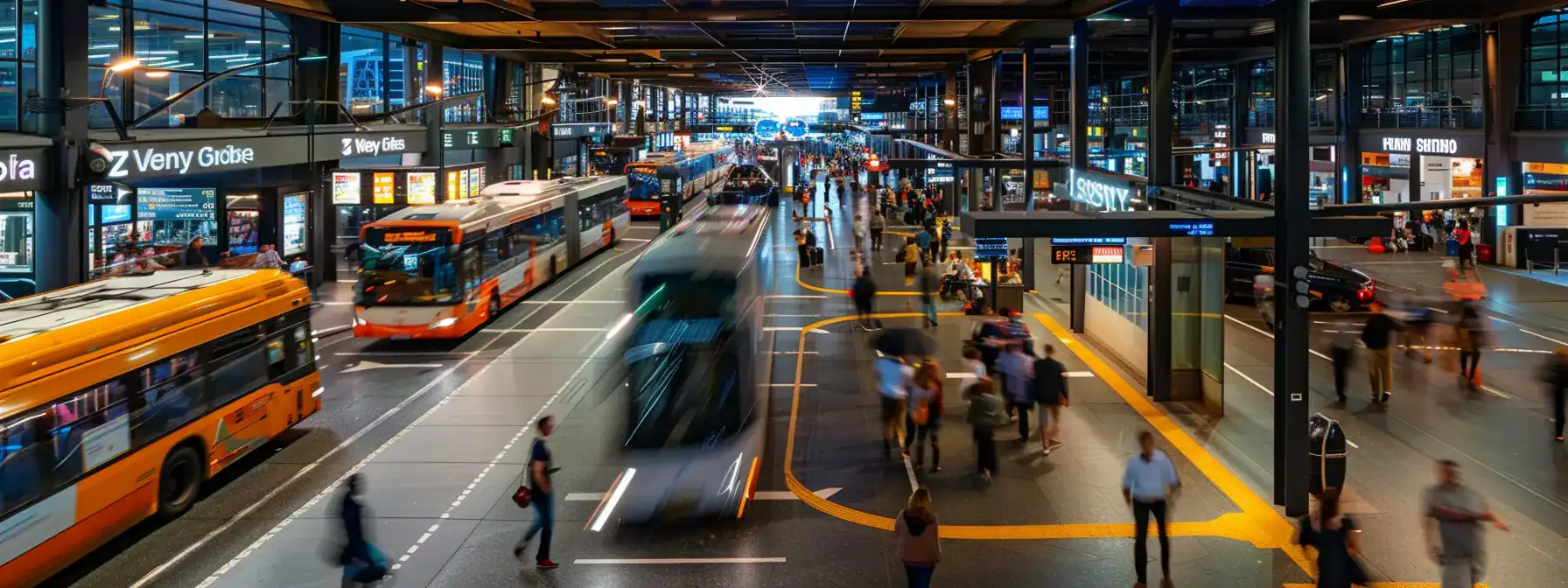a bustling sydney airport terminal showcases travelers seamlessly transitioning from domestic to international flights amidst vibrant buses and trains, highlighting the efficiency and accessibility of modern airport transport options.