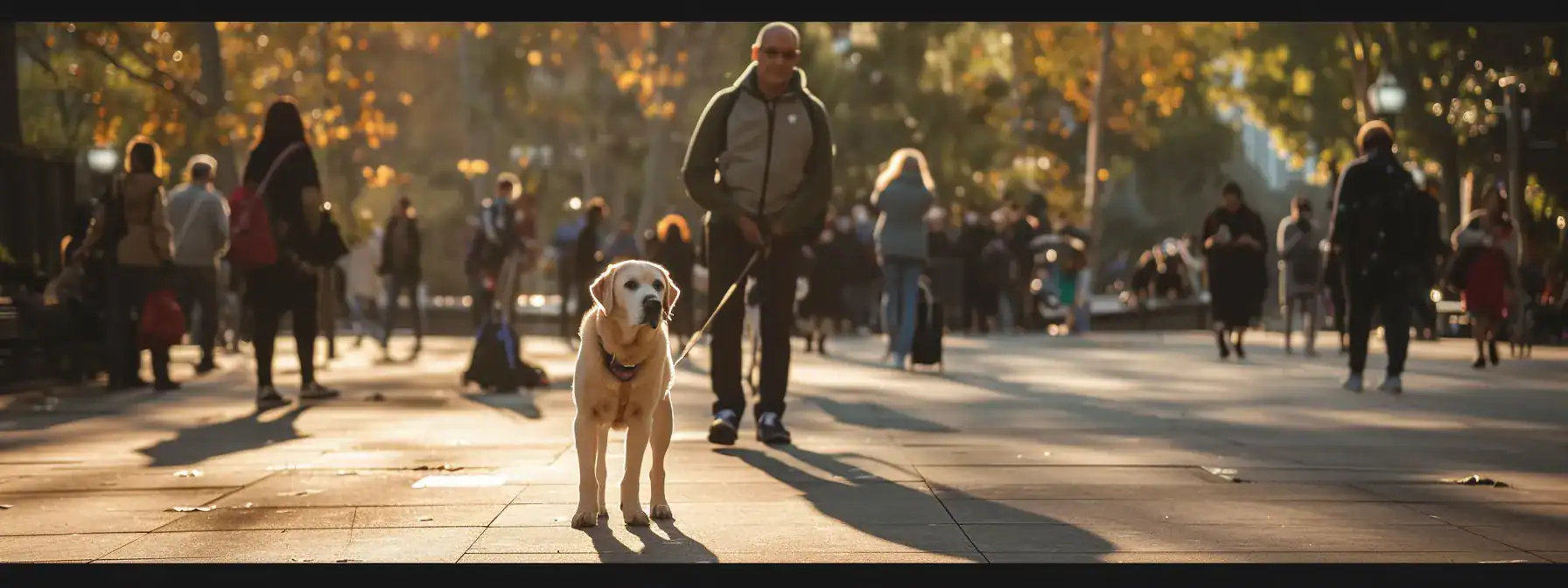 a confident guide dog, alert and poised, stands beside its blind handler in a bustling urban park, embodying empowerment and the vital bond of trust amidst a vibrant crowd.