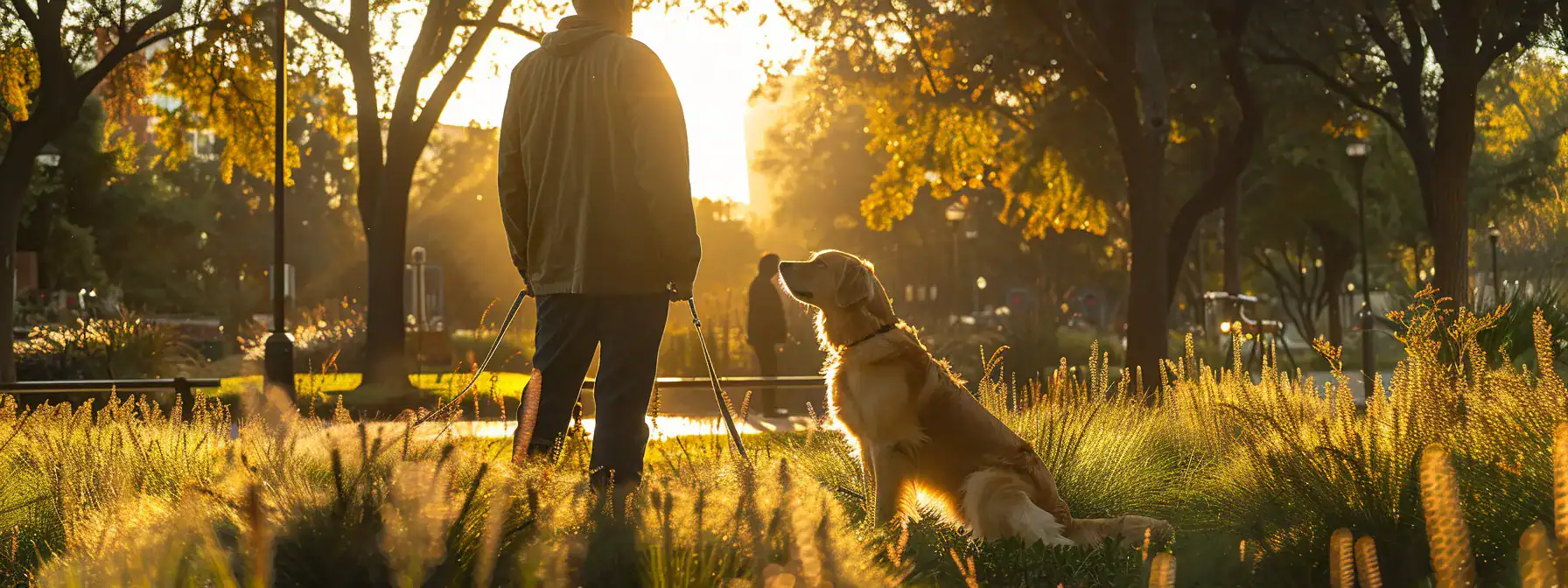 a confident guide dog user, standing tall with a well-trained golden retriever, gazes ahead with determination in a vibrant urban park, illuminated by the warm glow of the afternoon sun.