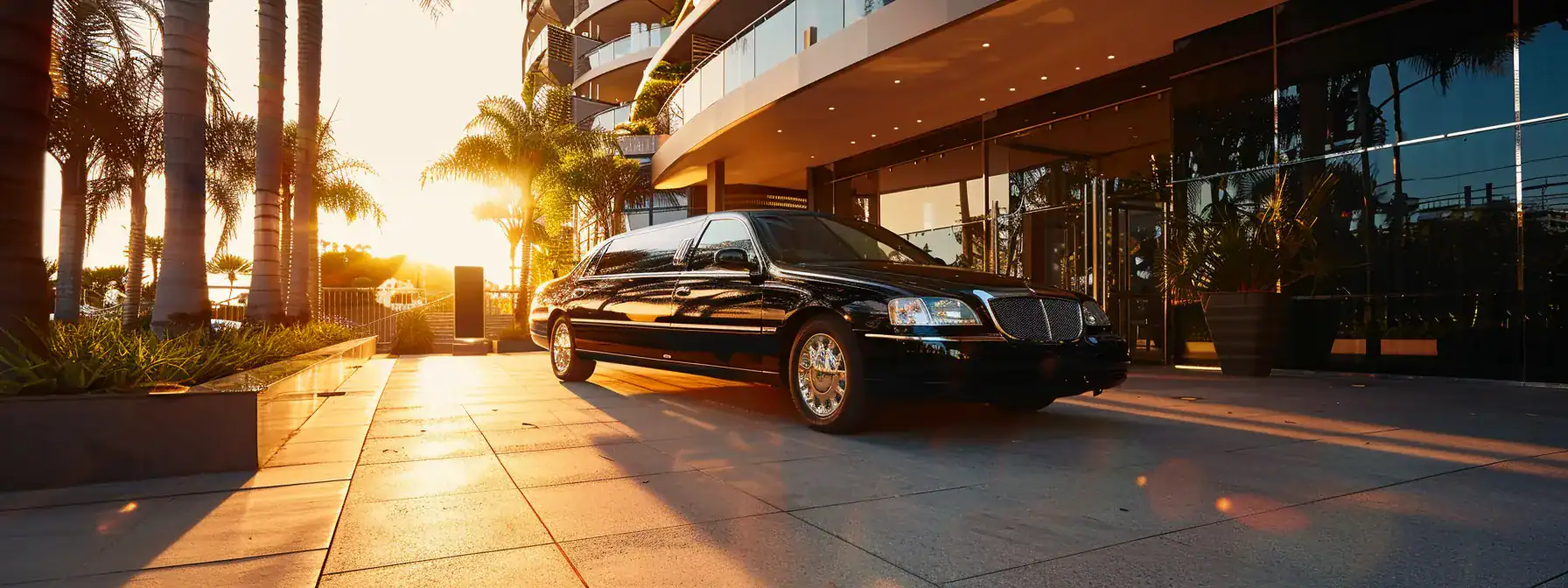 a luxurious black limousine parked elegantly outside a modern brisbane hotel, basking in the golden glow of sunset, symbolizing premium transportation and seamless travel experiences.