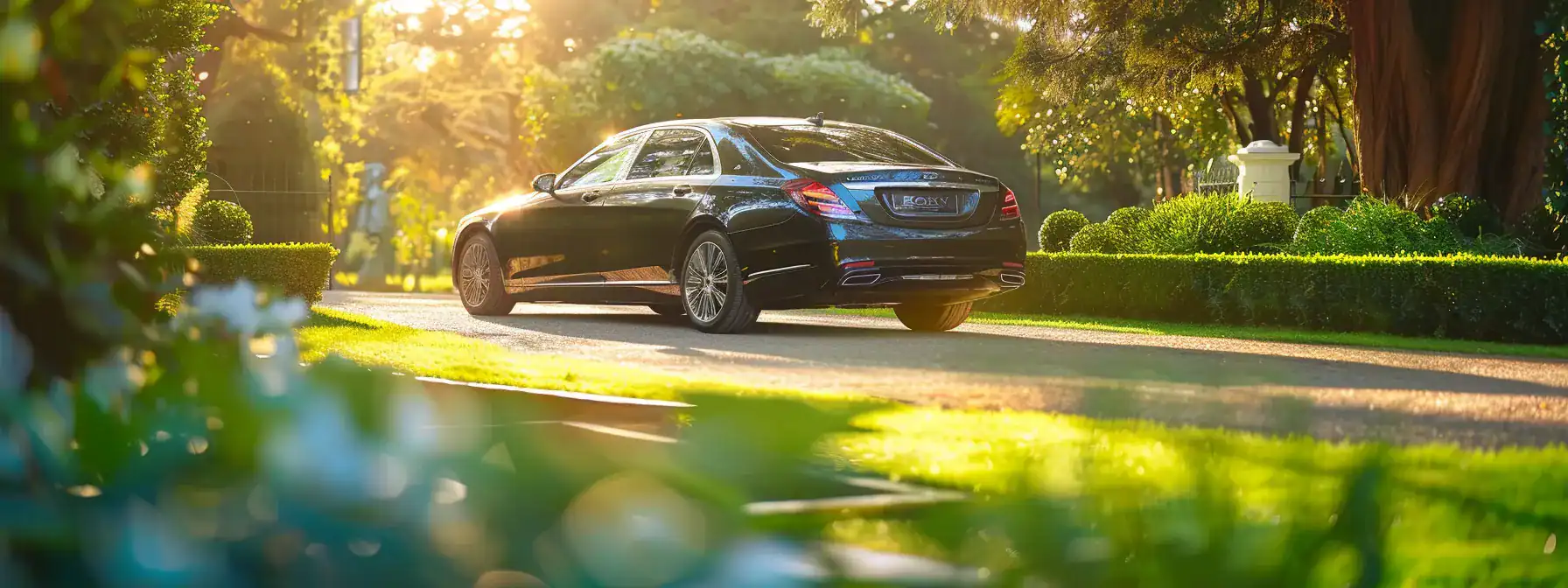 Luxurious black sedan parked on a scenic driveway surrounded by greenery, highlighting premium transportation options for group travel with Blue Diamond Transfers.