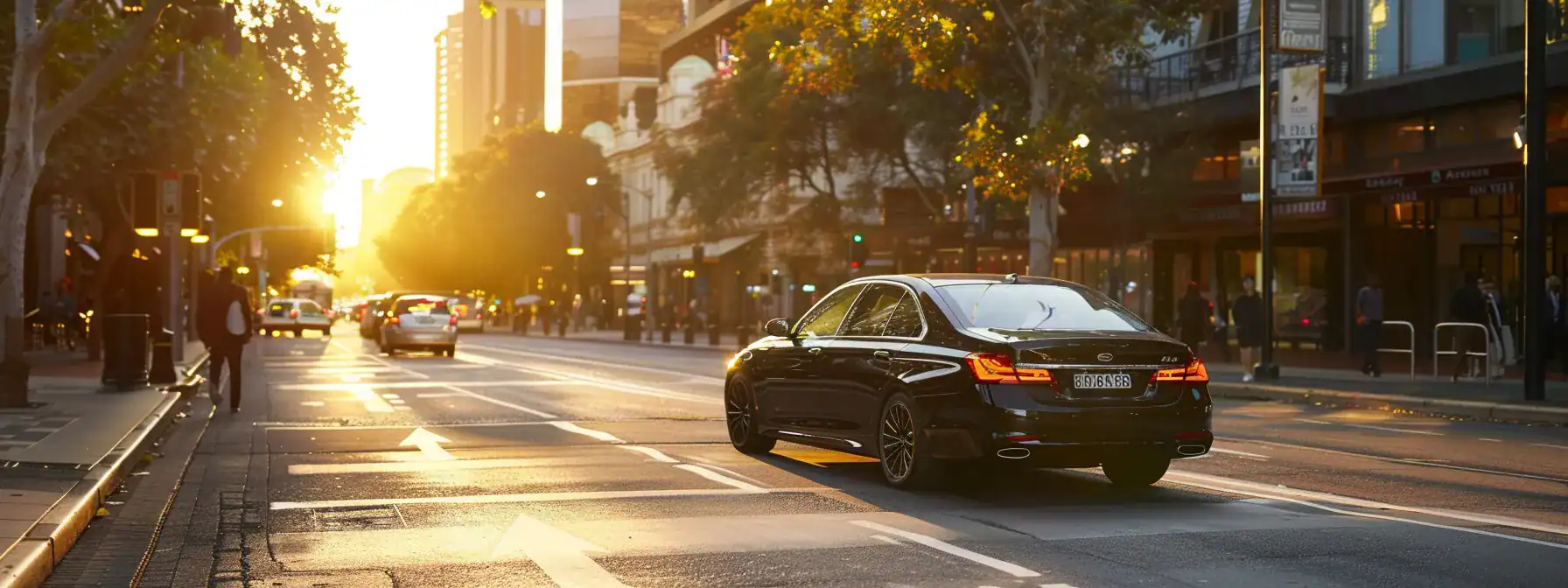 Luxurious black sedan driving through a city street at sunset, showcasing stress-free transportation and elegance associated with private chauffeur services.