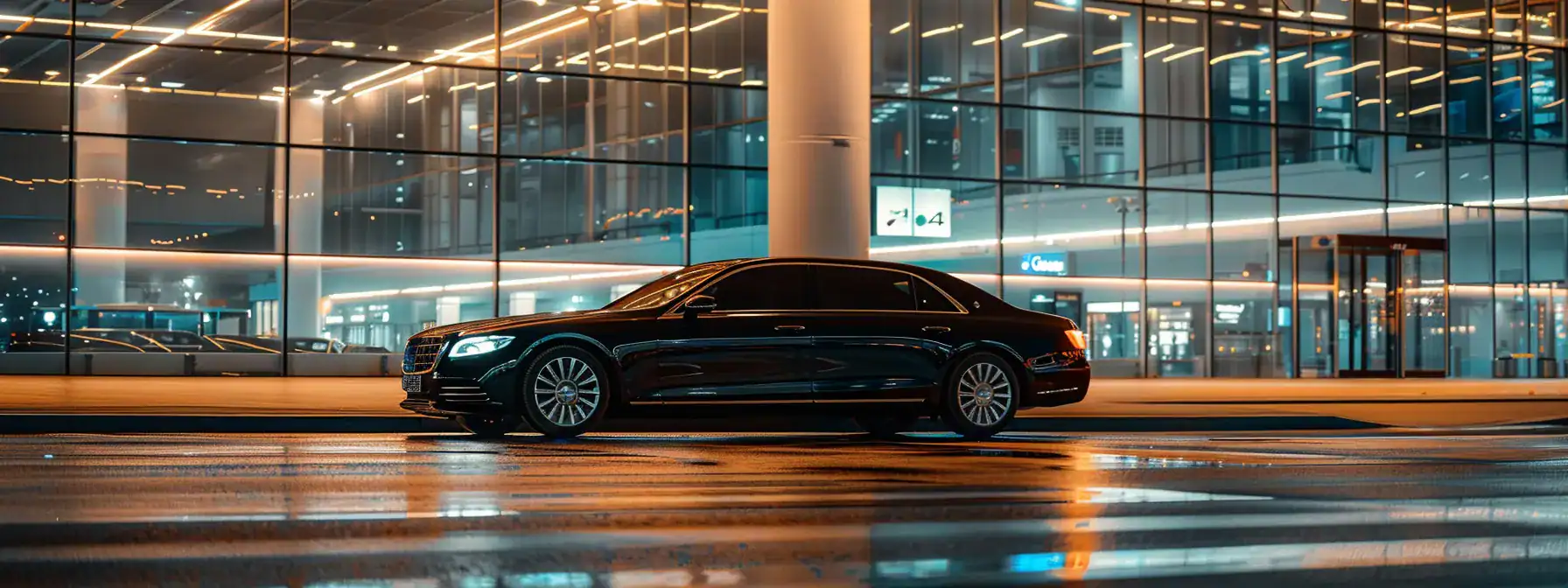 a luxurious black sedan parked elegantly outside a modern airport terminal at dusk, illuminated by warm, ambient lights, ready to offer premium chauffeur services for discerning travelers.