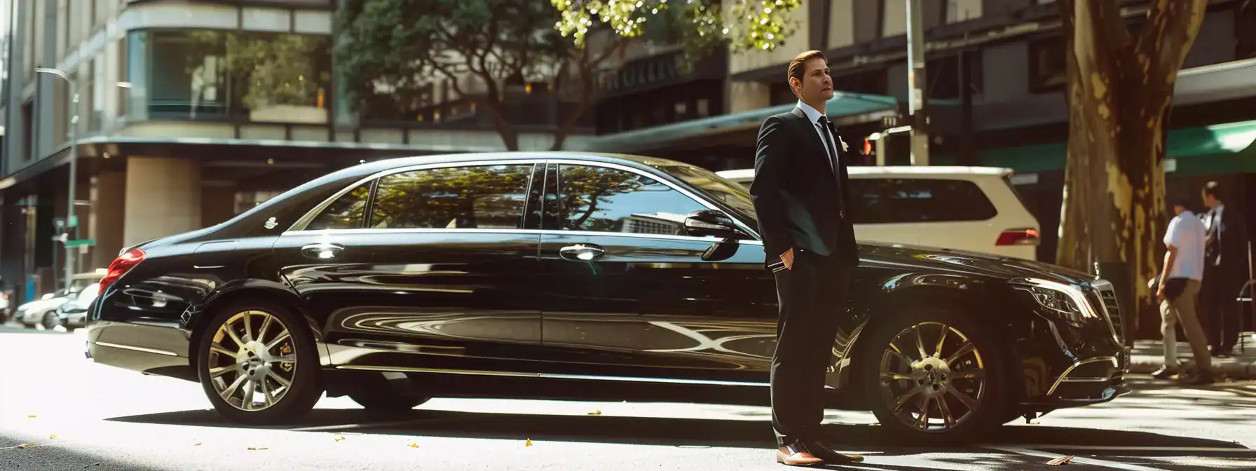 a luxurious elite chauffeur car glistens in the vibrant brisbane sunlight, showcasing its opulent interior and the professionally-dressed chauffeur standing poised, representing unparalleled customer satisfaction and premium transportation.