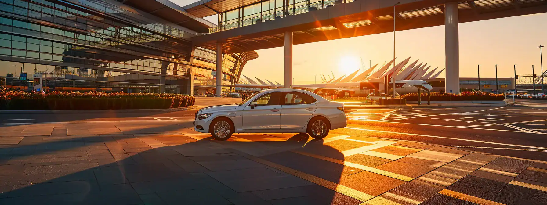a luxurious private car awaits at sydney airport, glistening under the warm sun, symbolizing exclusive comfort and seamless travel for discerning travelers.