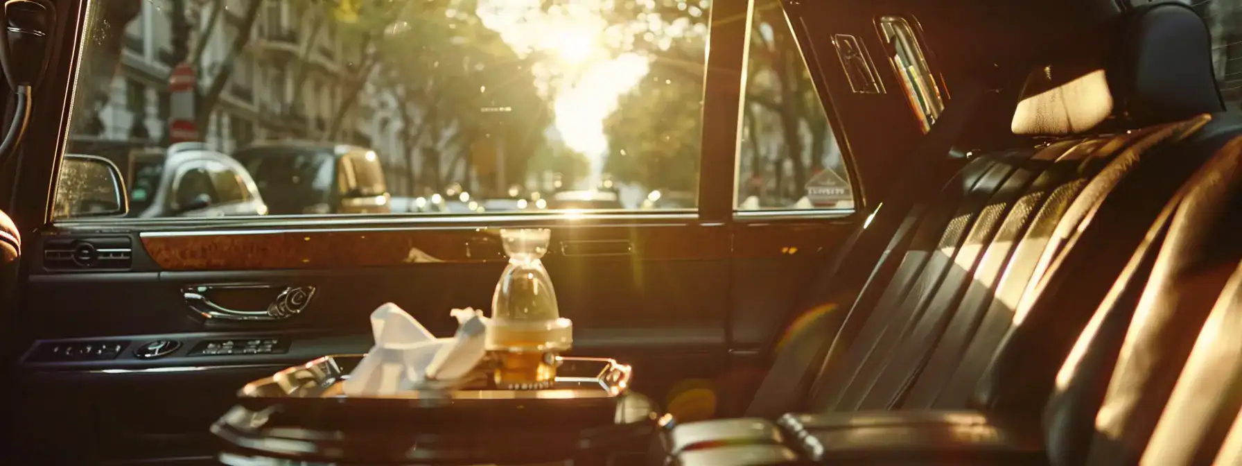 Luxurious interior of a private chauffeur vehicle with spacious seating, a tray holding refreshments, and sunlight streaming through the windows, emphasizing comfort and elegance for an enhanced travel experience.
