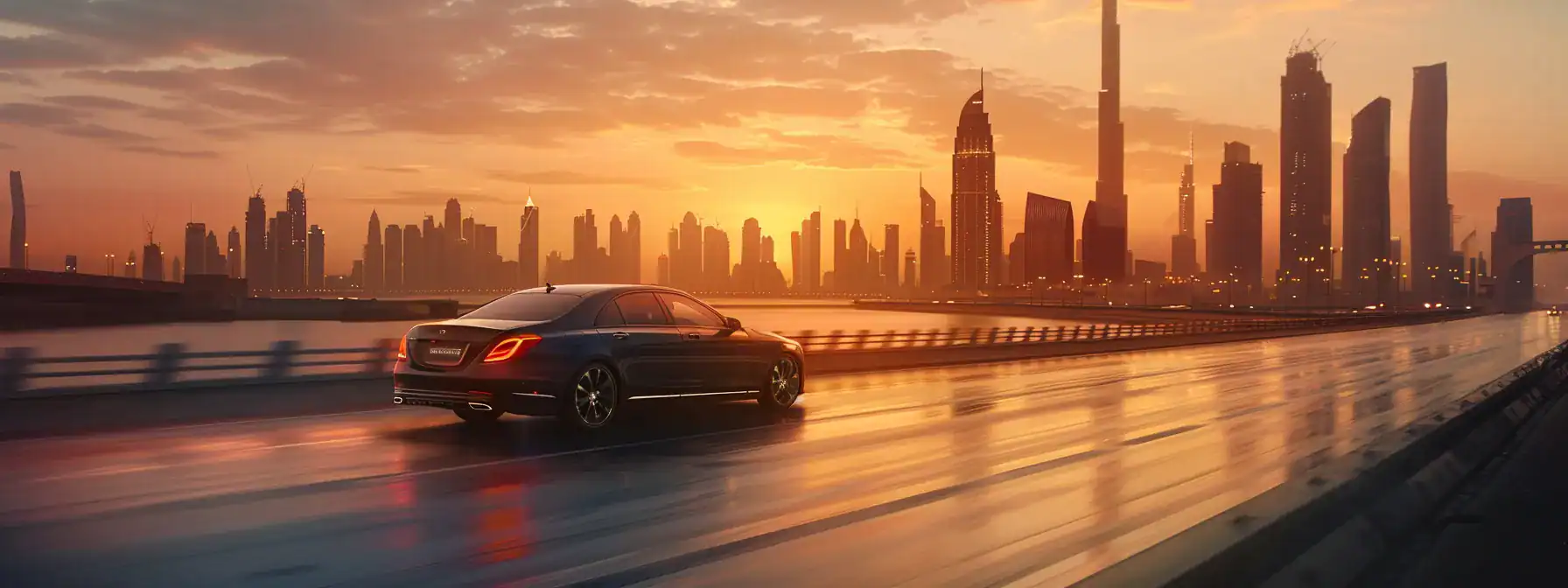 Luxurious sedan driving along a reflective road at sunset, with a modern city skyline in the background, symbolizing premium chauffeur services by Blue Diamond Transfers.