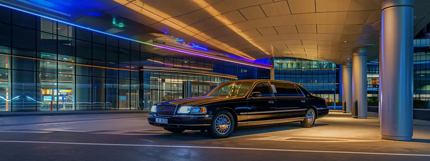 a luxurious, sleek black limousine parked outside a modern airport terminal under soft, ambient lighting, symbolizing the premium transportation services of blue diamond transfers in australia.