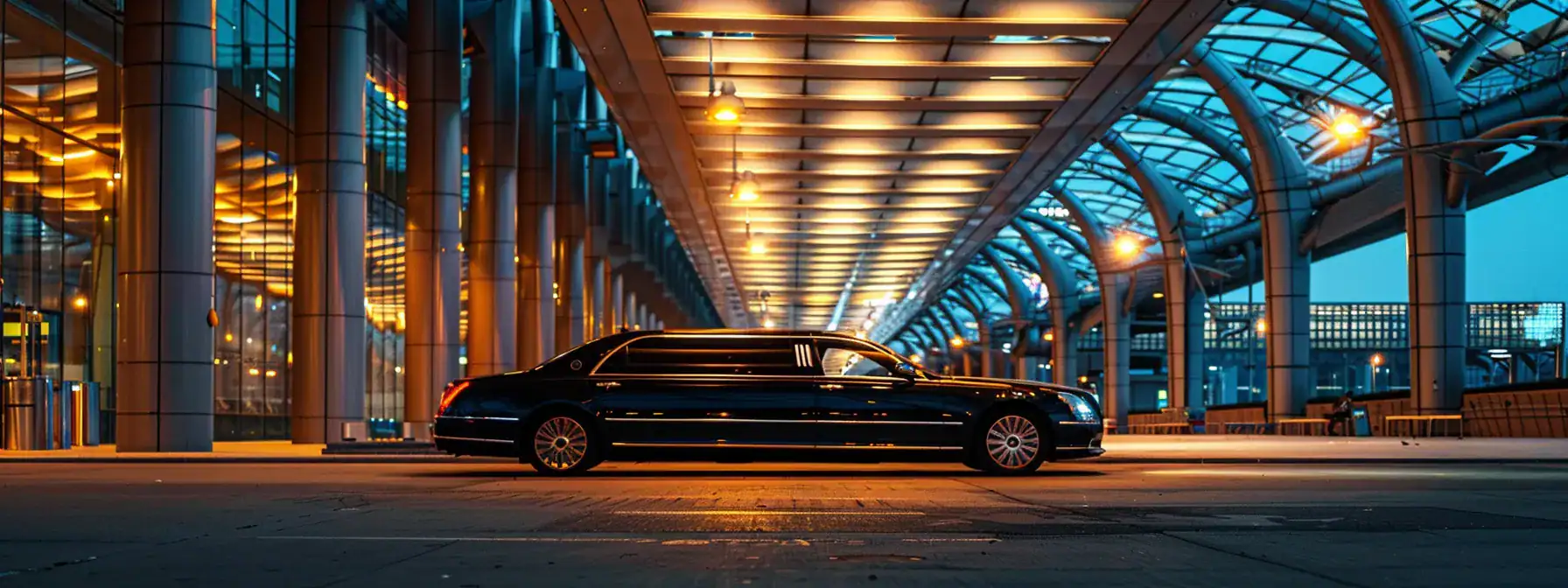 a luxurious, sleek limousine awaits at a beautifully lit airport terminal, symbolizing the promise of upscale travel experiences and meticulous service for discerning travelers.
