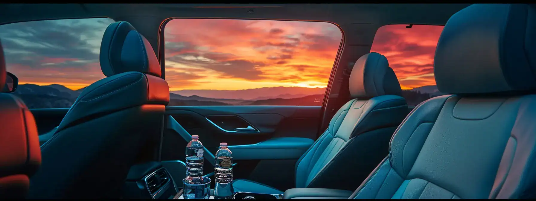 a luxurious, spacious suv with plush leather interiors is parked against a backdrop of a stunning sunset, inviting travelers to enjoy a serene and comfortable ride complete with amenities like bottled water and an advanced entertainment system.