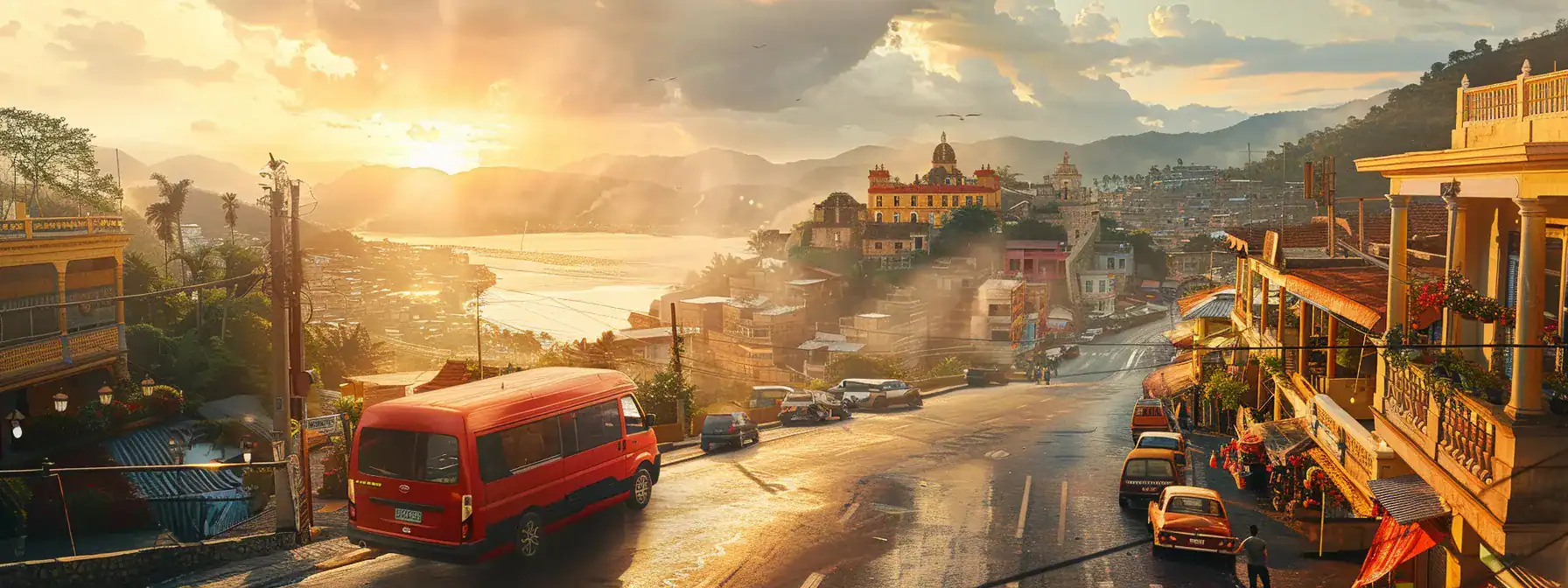 a luxurious vehicle glides along a scenic route, with colorful local markets and cultural landmarks in the background, bathed in warm golden light that accentuates the richness of the vibrant atmosphere.