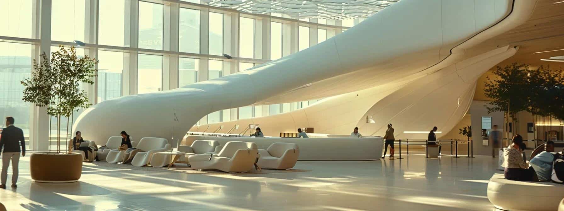 a serene airport environment showcases calm travelers effortlessly navigating their smooth transfer experience, highlighting early arrivals and effective communication with drivers against a backdrop of natural sunlight streaming through large windows.