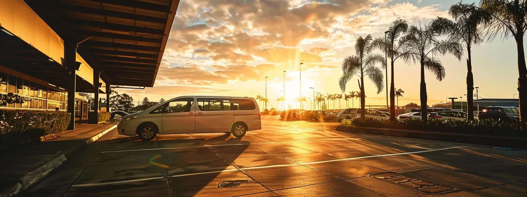 a serene airport transfer scene captures a sleek vehicle parked under a radiant sunshine along the lush, vibrant landscapes of the sunshine coast, symbolizing convenience and smooth travel experiences.