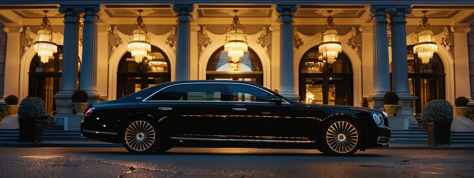 a sleek, black luxury chauffeur car parked elegantly in front of a glamorous event venue, illuminated by soft golden lighting that highlights its polished exterior against a dusk sky.