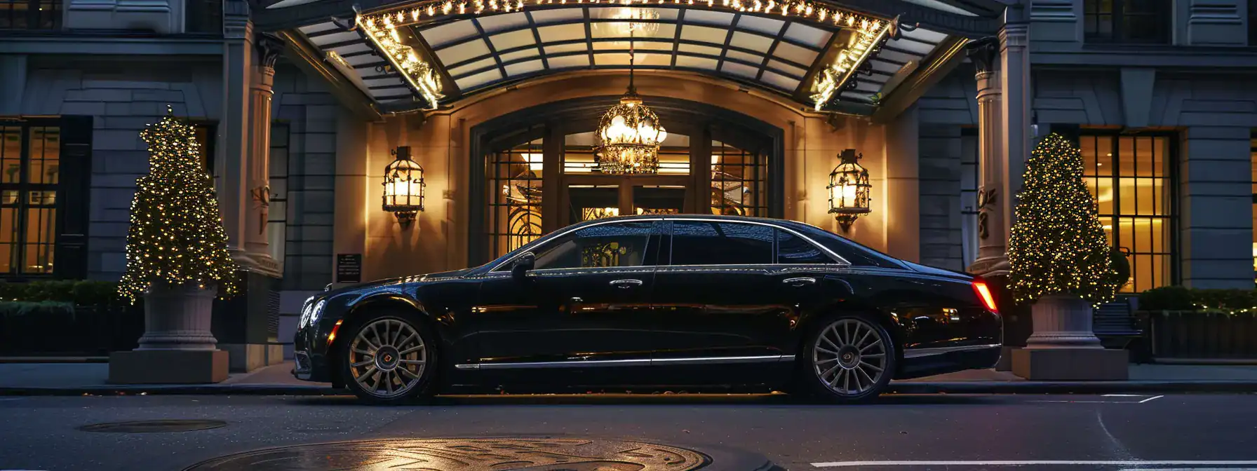 a sleek black luxury sedan waits elegantly outside a grand hotel entrance, glistening under the warm glow of sunset, embodying the sophistication of hiring a private chauffeur.