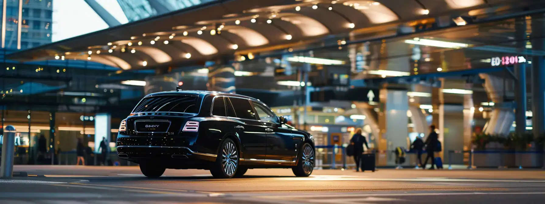 a sleek, black luxury vehicle awaits at a bustling sydney airport, reflecting the glow of bright overhead lights as business professionals effortlessly load their high-end luggage, embodying the essence of efficiency and comfort in corporate travel.